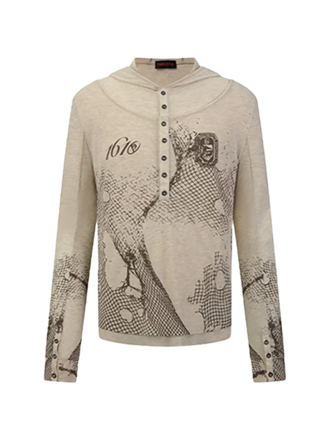 PEOPLESENSE | Deconstructed Mesh Print Hooded Henley Long Sleeve T-Shirt