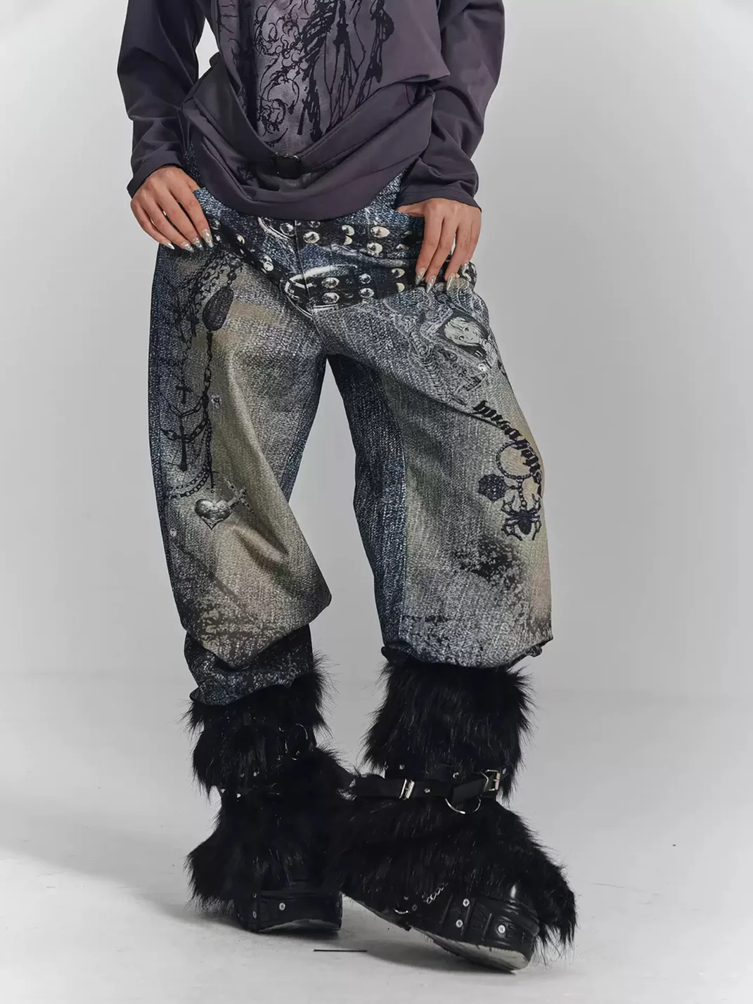 YUKAHOUSE | Loose Wide-Leg Chain Print Jeans