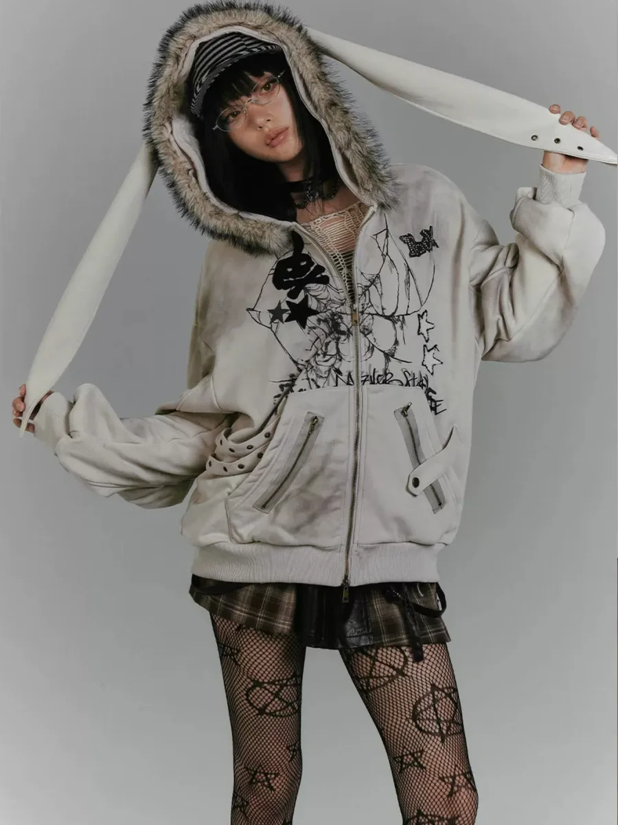 YUKAHOUSE | Oversized Rabbit-Ear Hooded Graphic Jacket - 4