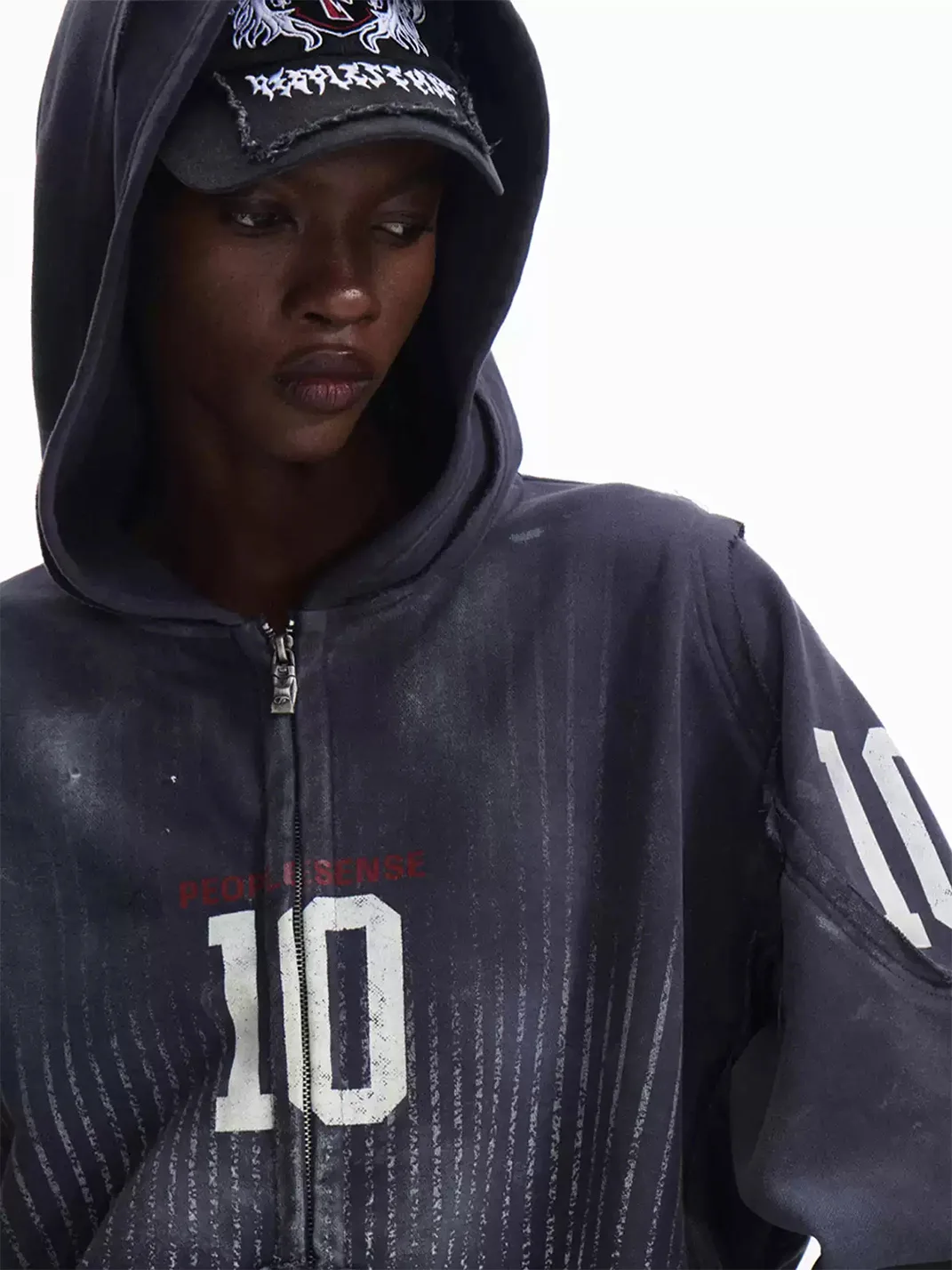 PEOPLESENSE | Distressed Number Print Loose-Fit Zip-Up Hoodie