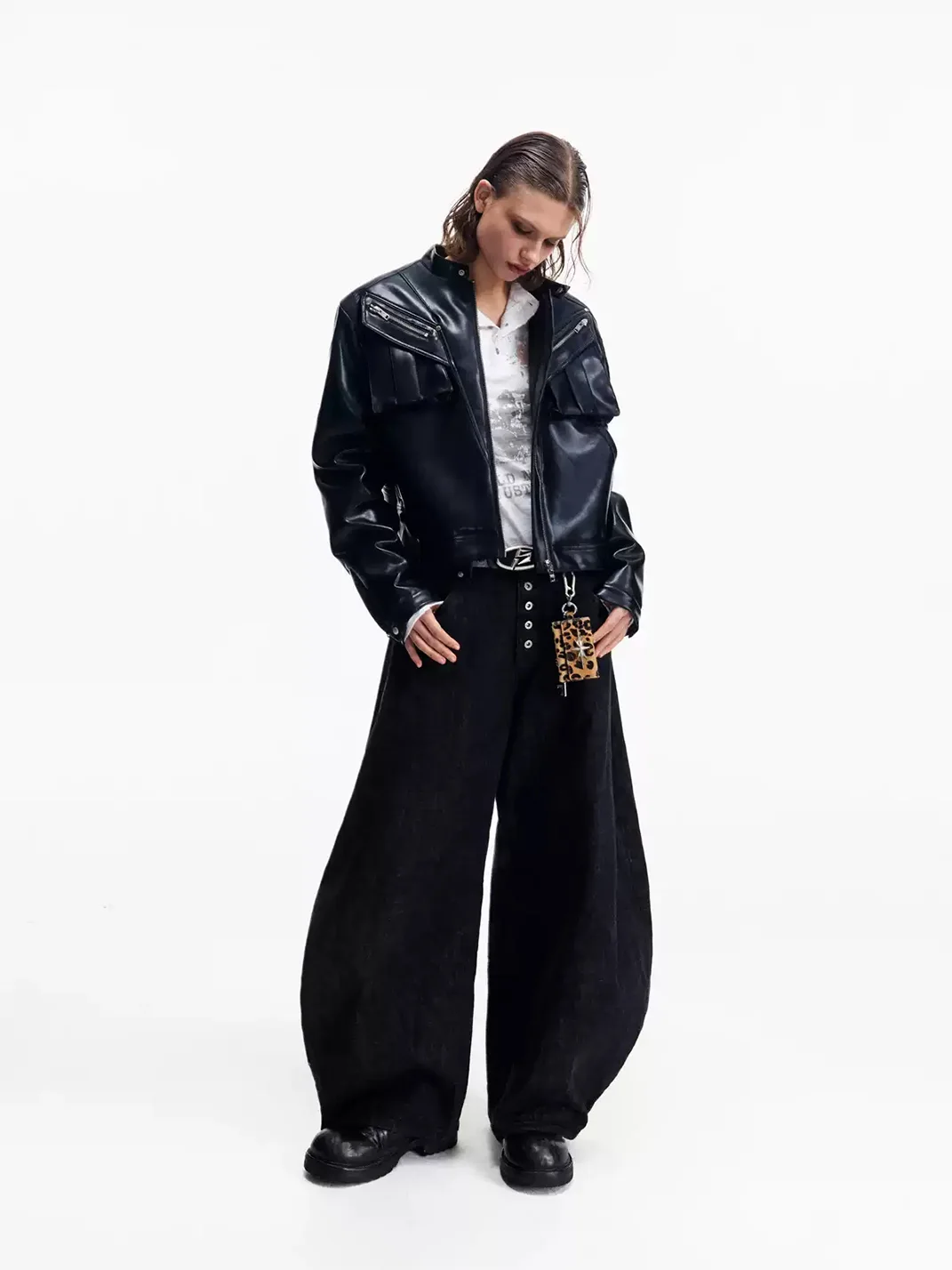 PEOPLESENSE | Cropped Stand Collar Motorcycle Jacket With Metal Zipper