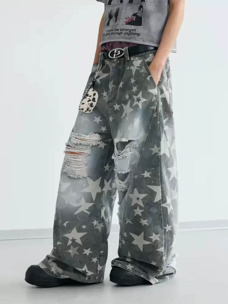 PEOPLESENSE | Star Pattern Distressed Curved Wide-Leg Pants - 3