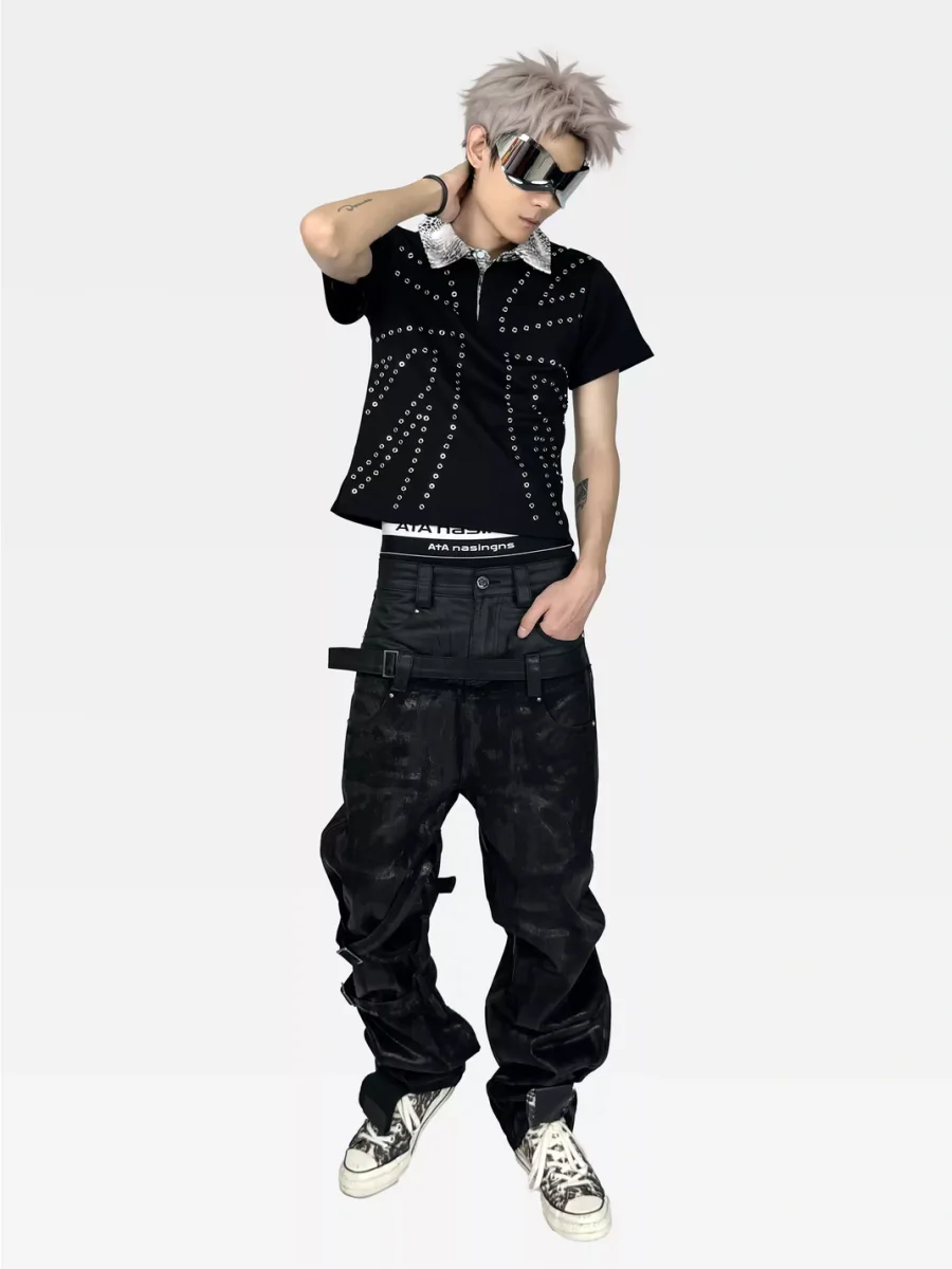 ATAnothingness | Double Waist Waxed Foil-Stamped Jeans - 4