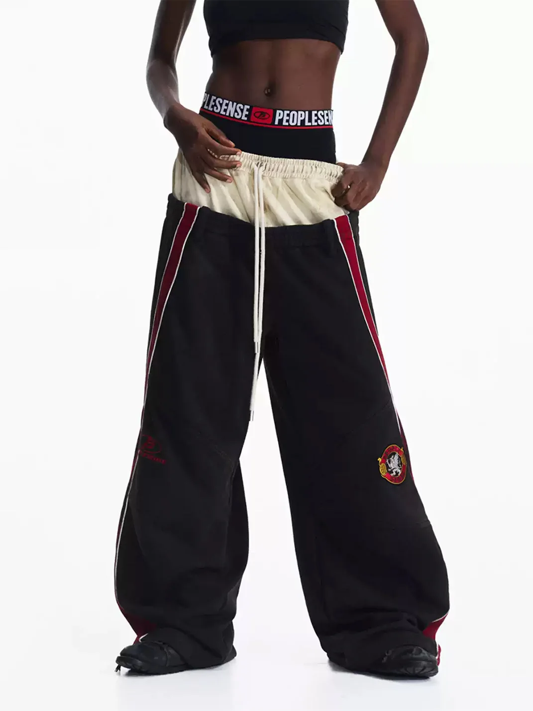 PEOPLESENSE | Distressed Double-Waist Embroidered Wide-Leg Sweatpants