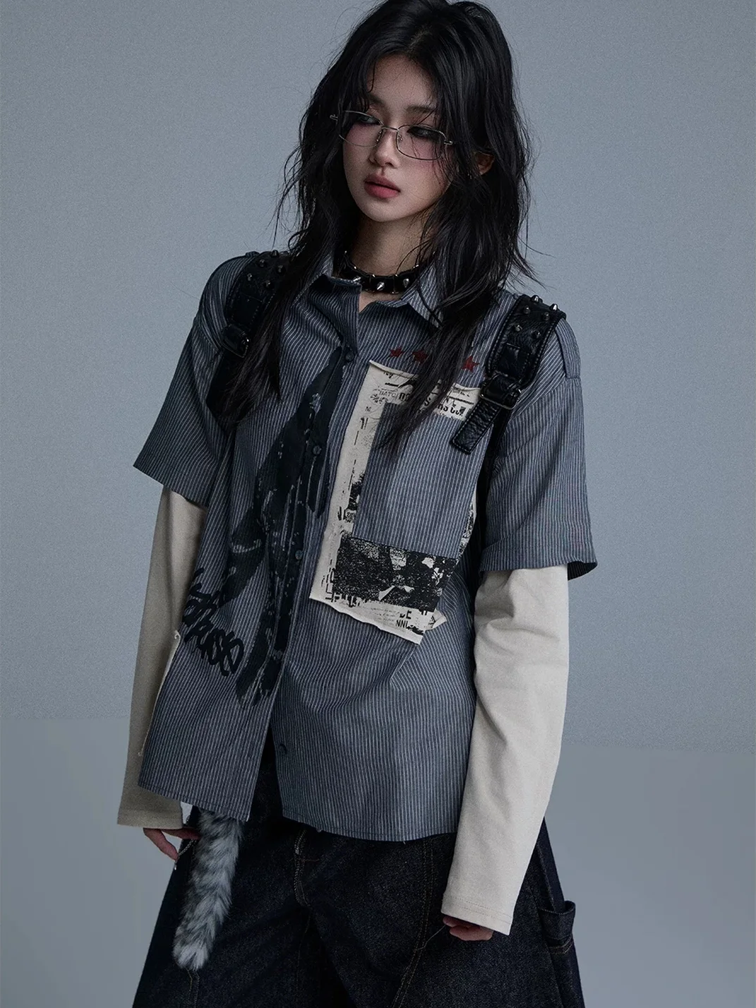 YUKAHOUSE | Unisex Faux-Layered Patchwork Long-Sleeve Shirt