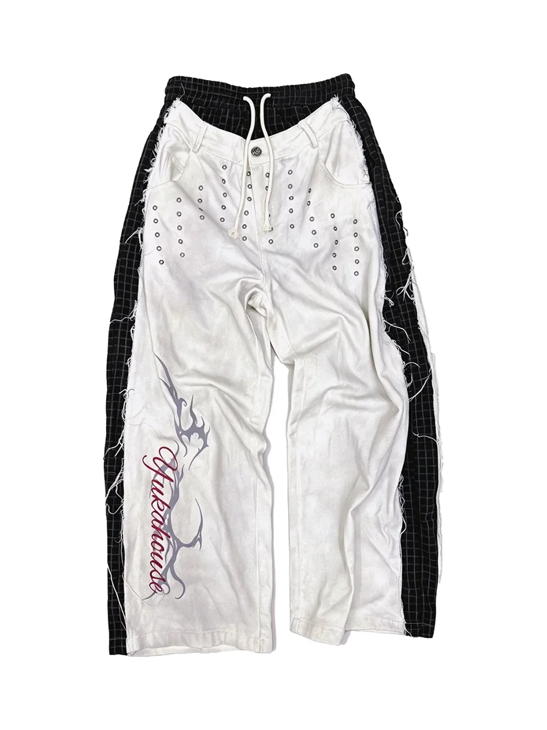YUKAHOUSE | Distressed Layered-Look Frayed Straight-Leg Pants
