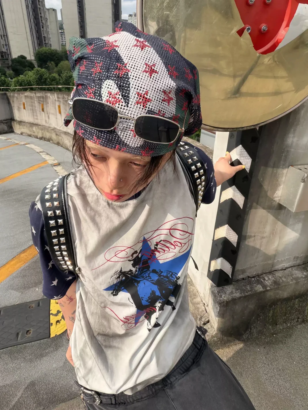 ROLLING MONEY | Washed Distressed Patchwork Star And Cowboy Graphic T-Shirt