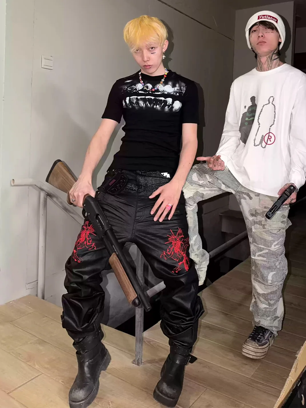 ROLLING MONEY | Double-Waist Pegasus Glitter Waxed Black Skinny Jeans