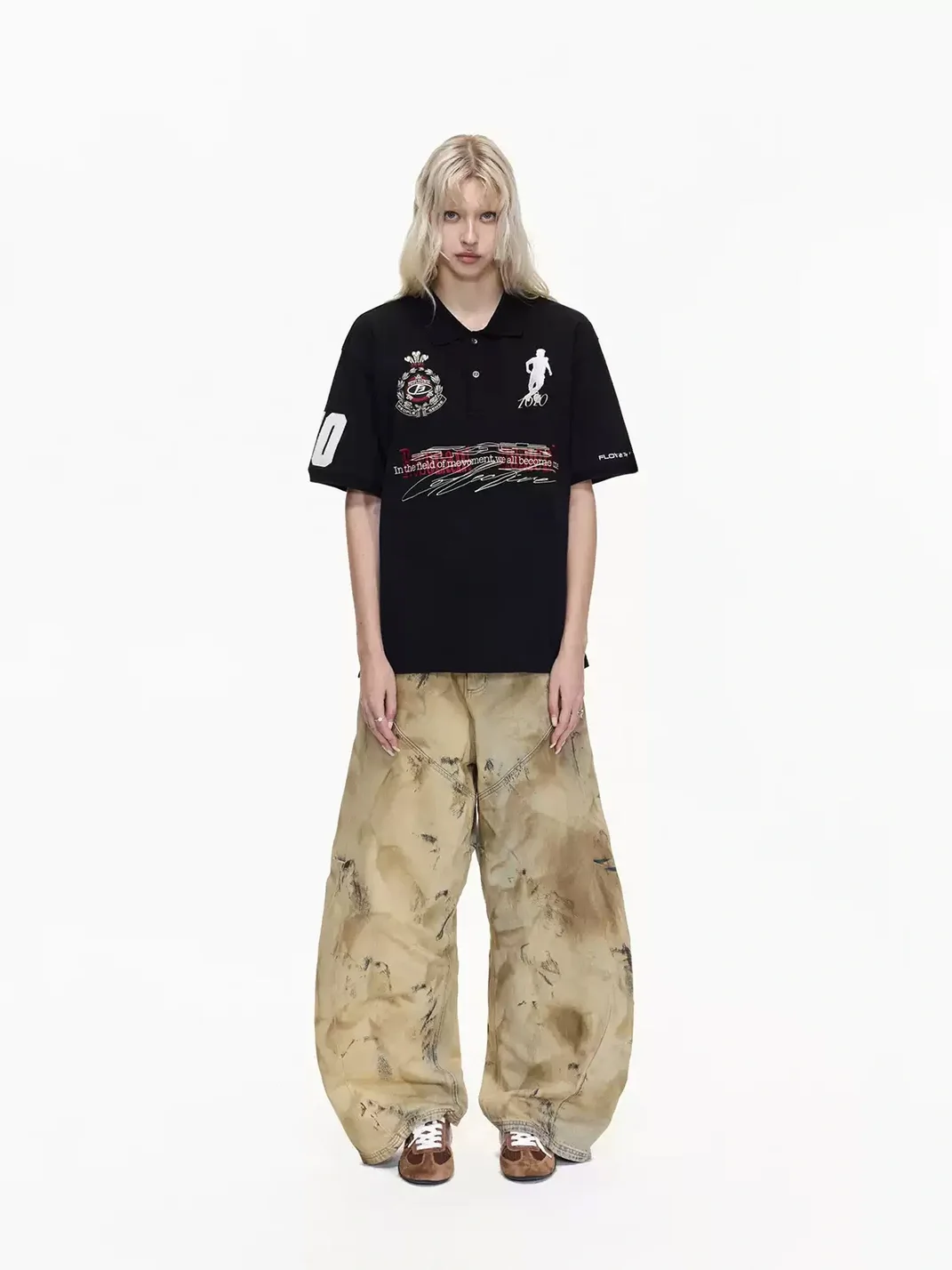 PEOPLESENSE | Mud-Dyed Distressed Loose Curved Wide-Leg Jeans