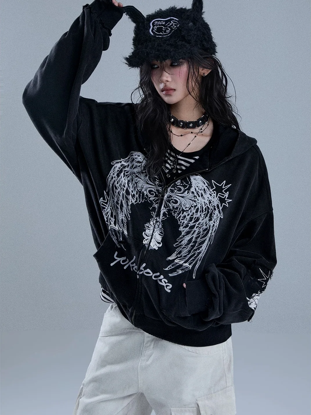 YUKAHOUSE | Distressed Wing Print Hoodie