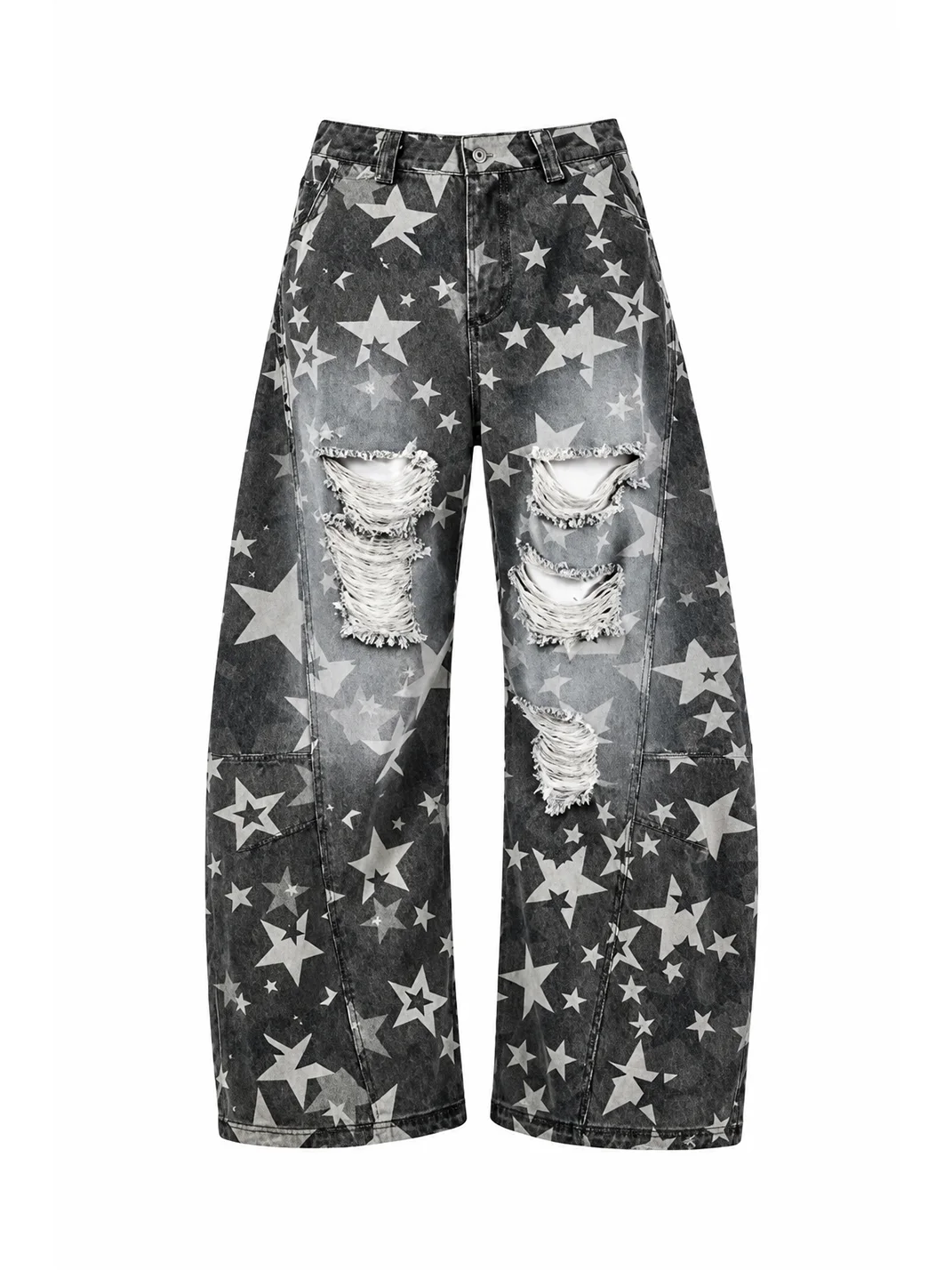 PEOPLESENSE | Star Pattern Distressed Curved Wide-Leg Pants