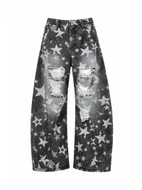 PEOPLESENSE | Star Pattern Distressed Curved Wide-Leg Pants