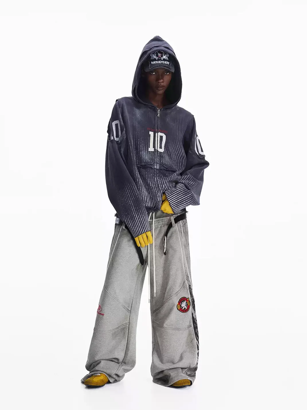 PEOPLESENSE | Distressed Number Print Loose-Fit Zip-Up Hoodie