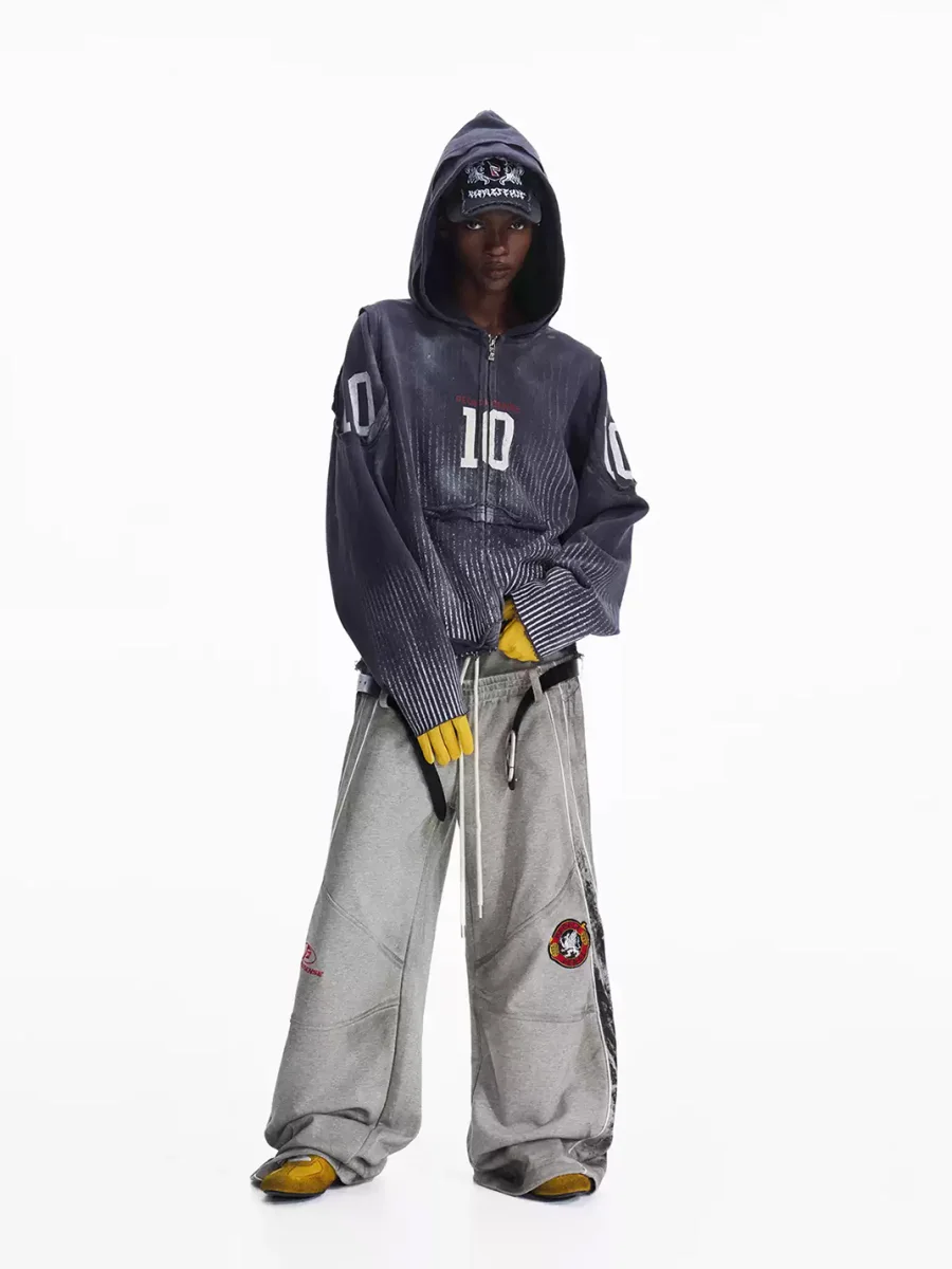 PEOPLESENSE | Distressed Number Print Loose-Fit Zip-Up Hoodie - 4