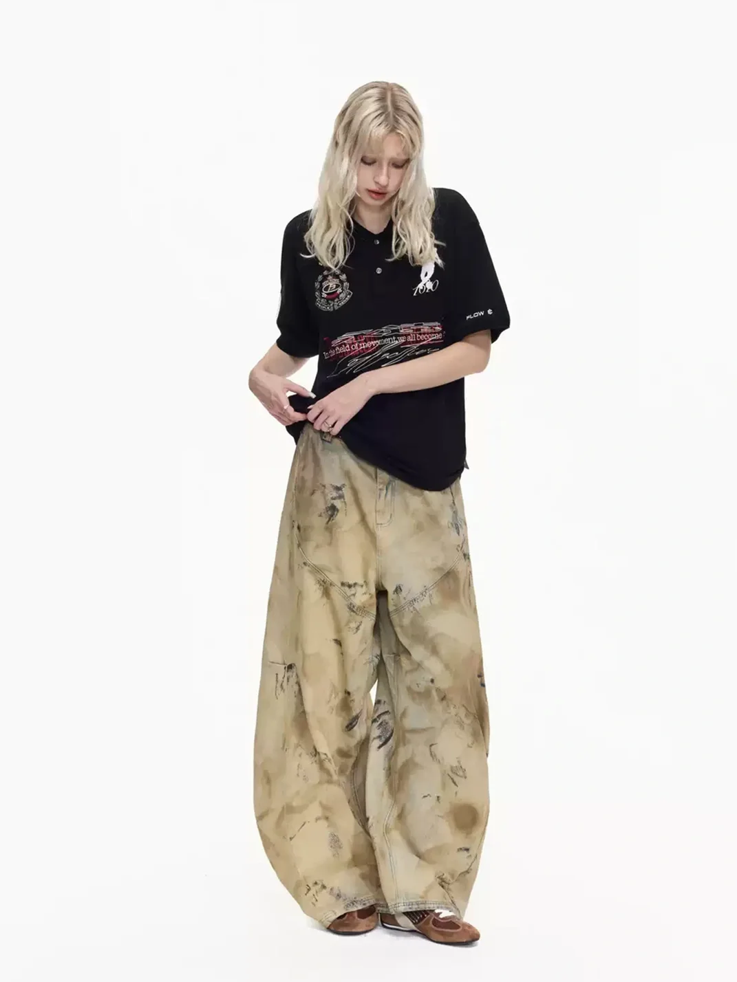 PEOPLESENSE | Mud-Dyed Distressed Loose Curved Wide-Leg Jeans