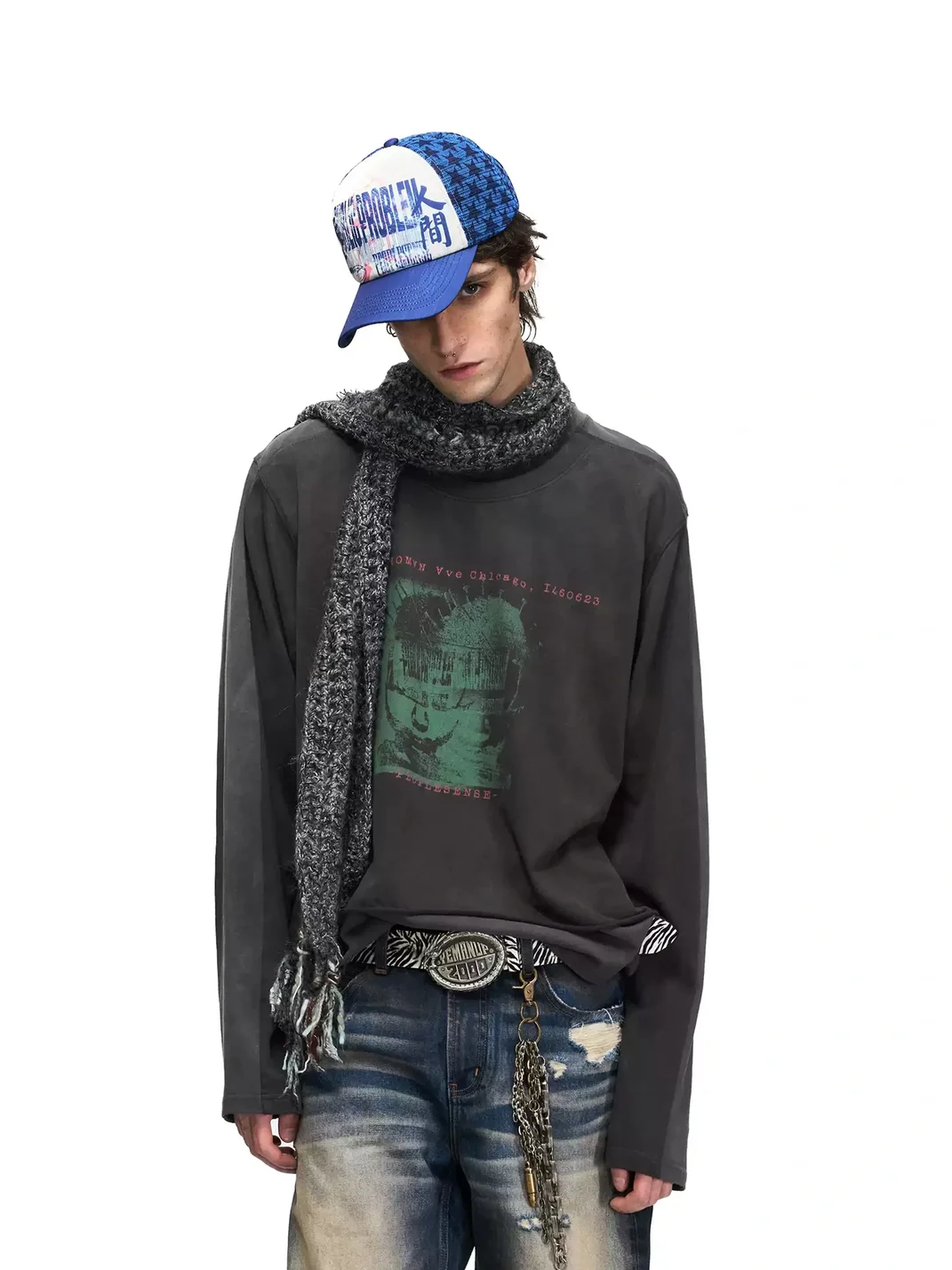PEOPLESENSE | Distressed Portrait Print Layered-Look Long-Sleeve Loose T-Shirt