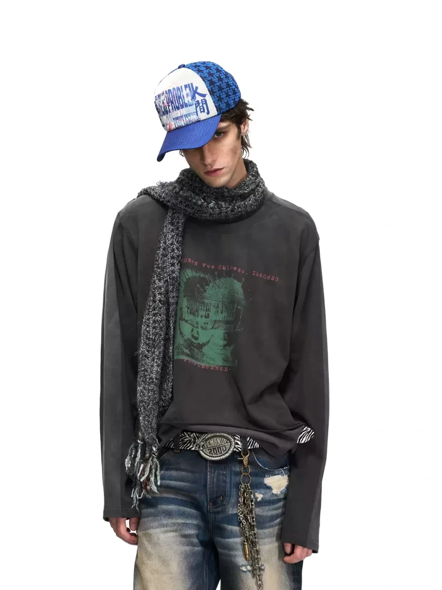 PEOPLESENSE | Distressed Portrait Print Layered-Look Long-Sleeve Loose T-Shirt - 2