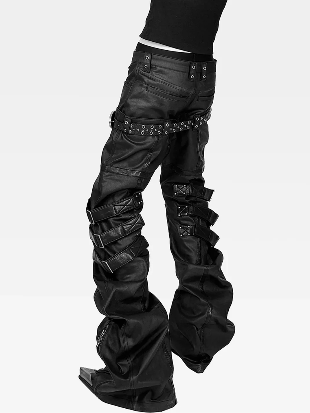 ATAnothingness | Waxed Leather-Panel Double-Waist Slim Stacked Strap Pants