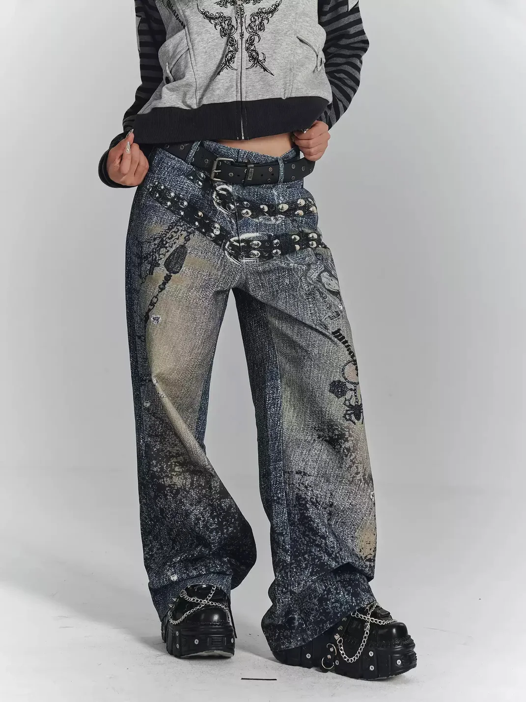 YUKAHOUSE | Loose Wide-Leg Chain Print Jeans