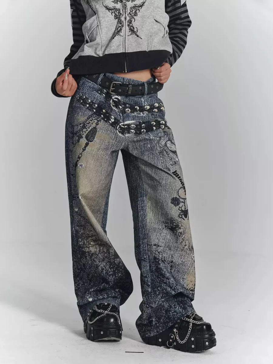 YUKAHOUSE | Loose Wide-Leg Chain Print Jeans - 2