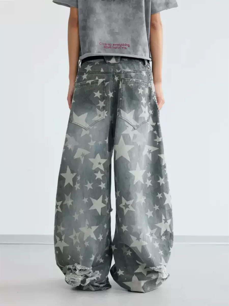 PEOPLESENSE | Star Pattern Distressed Curved Wide-Leg Pants - 4