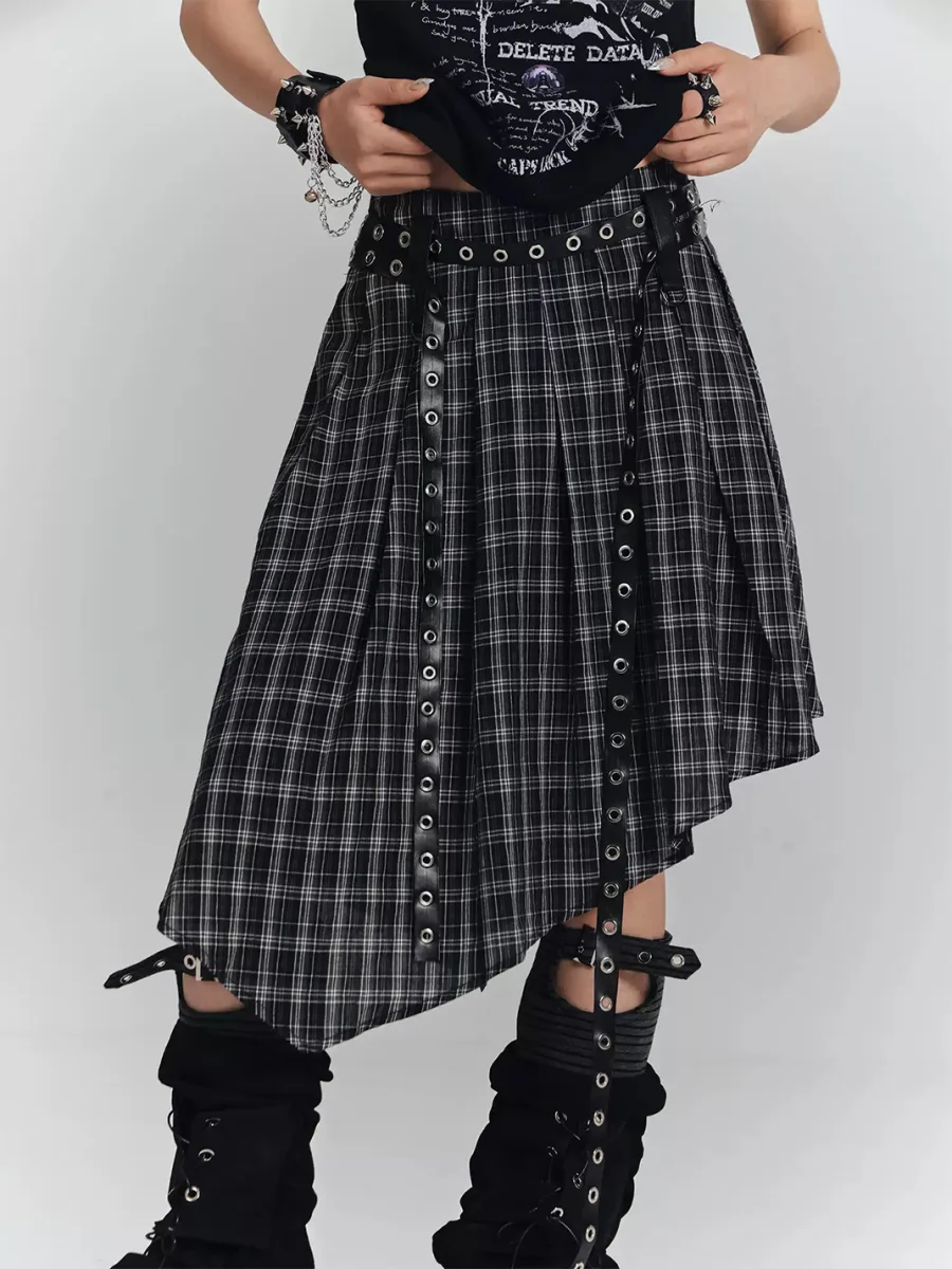 YUKAHOUSE | Asymmetric Plaid A-Line Skirt - 2
