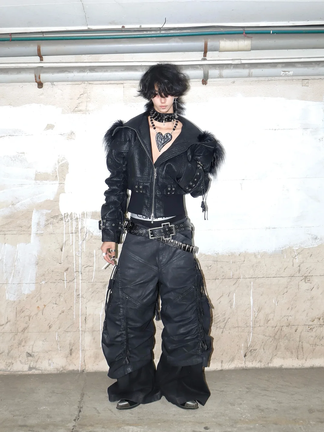 ATAnothingness | Adjustable Ruched Waxed Baggy Wide Leg Jeans
