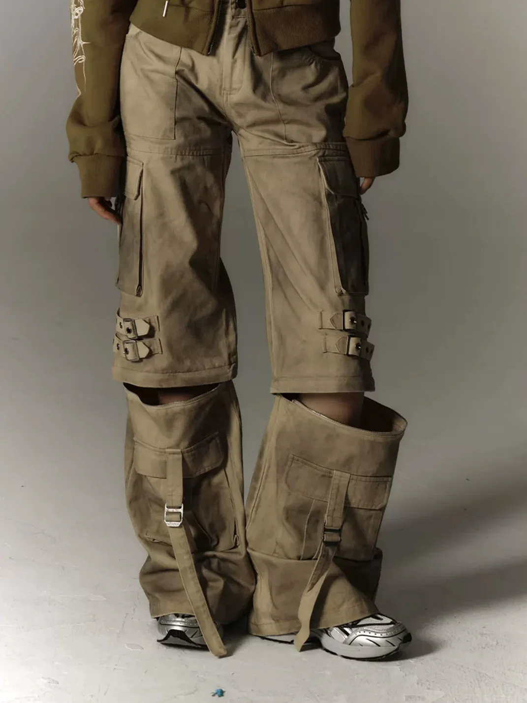 YUKAHOUSE | Washed Distressed Wide-Leg Detachable Cargo Pants