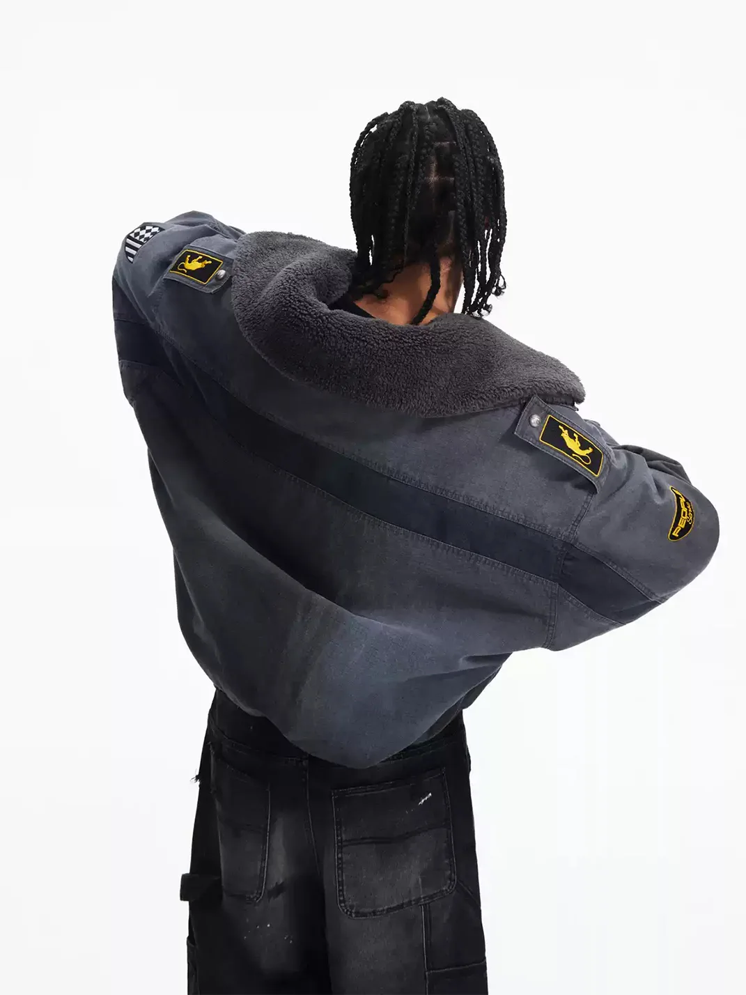 PEOPLESENSE | Embroidered Contrast Panel Lambswool Collar Padded Bomber Jacket