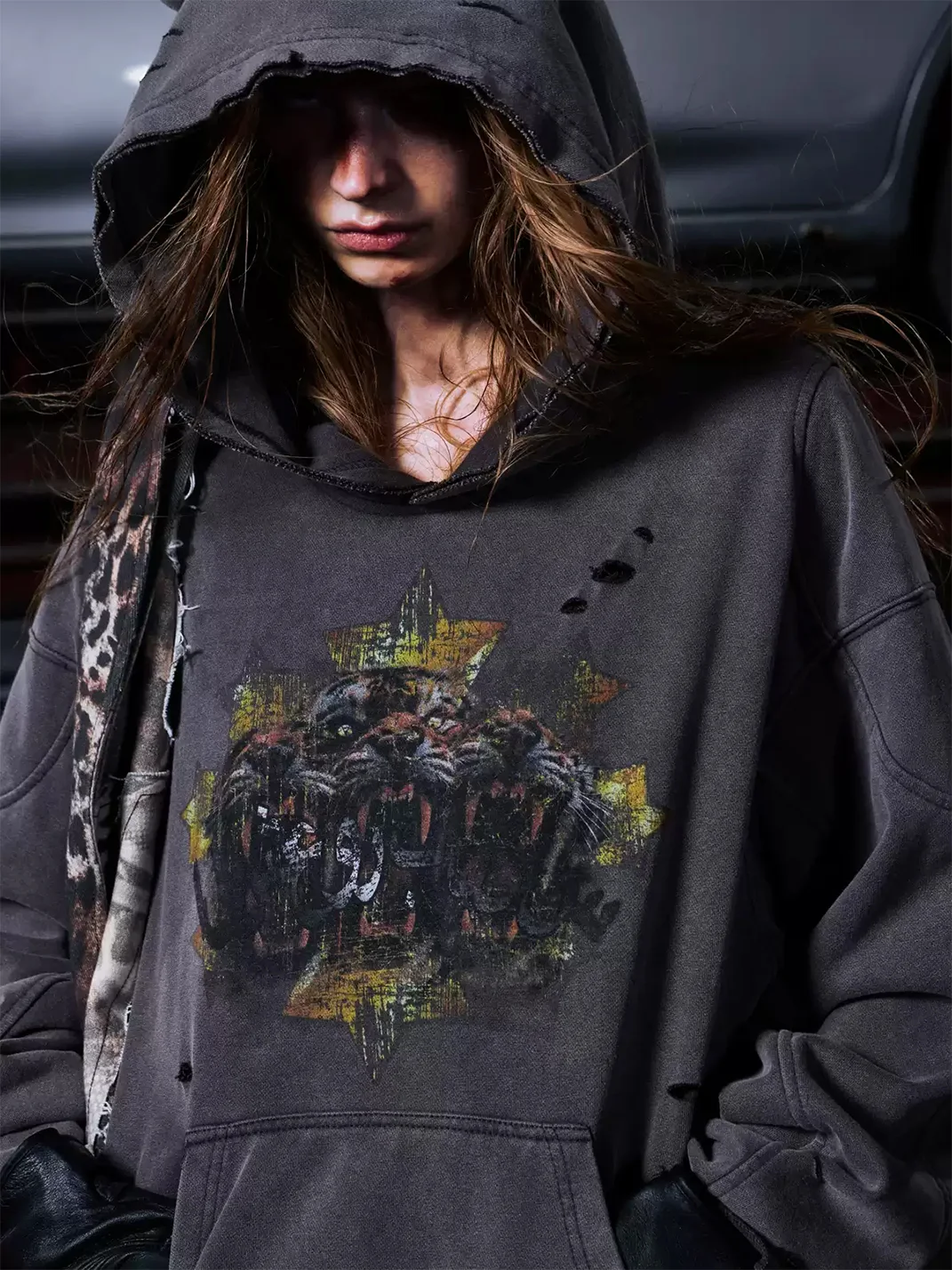 PEOPLESENSE | Washed Gradient Distressed Graphic Loose-Fit Hoodie