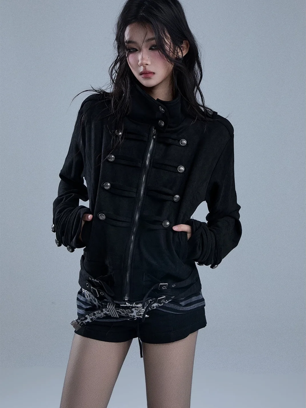 YUKAHOUSE | High-Neck Cropped Punk Motorcycle Jacket