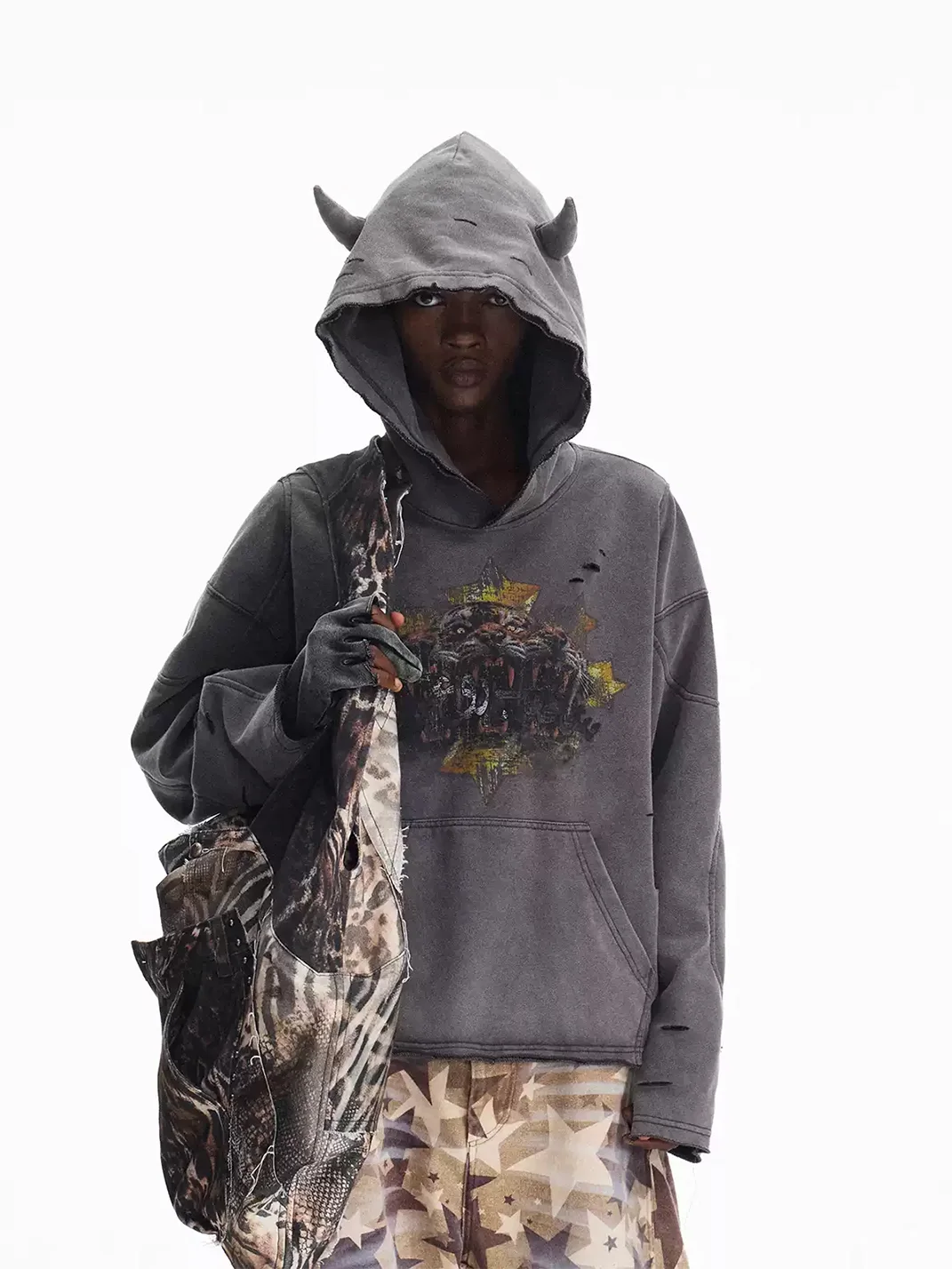 PEOPLESENSE | Washed Gradient Distressed Graphic Loose-Fit Hoodie