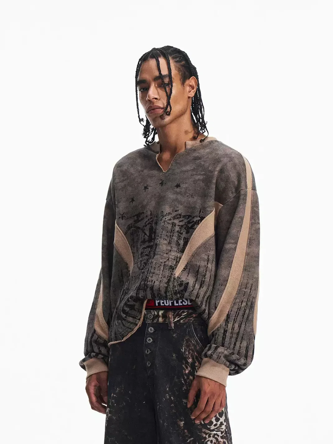 PEOPLESENSE | Distressed Camouflage Contrast Panel Long Sleeve Sweatshirt