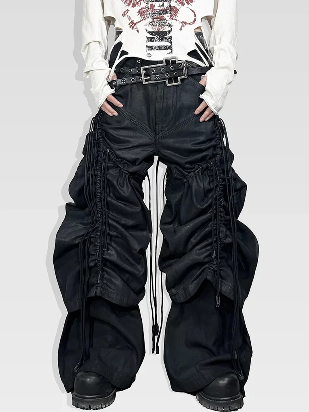 ATAnothingness | Adjustable Ruched Waxed Baggy Wide Leg Jeans