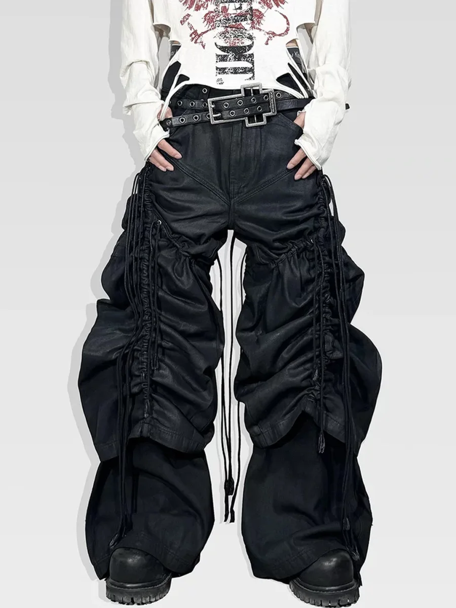 ATAnothingness | Adjustable Ruched Waxed Baggy Wide Leg Jeans - 2