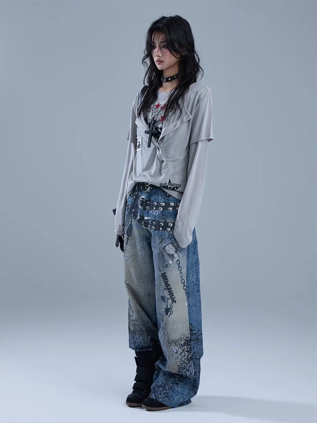YUKAHOUSE | Faux-Layered Graphic Patch Long Sleeve T-Shirt