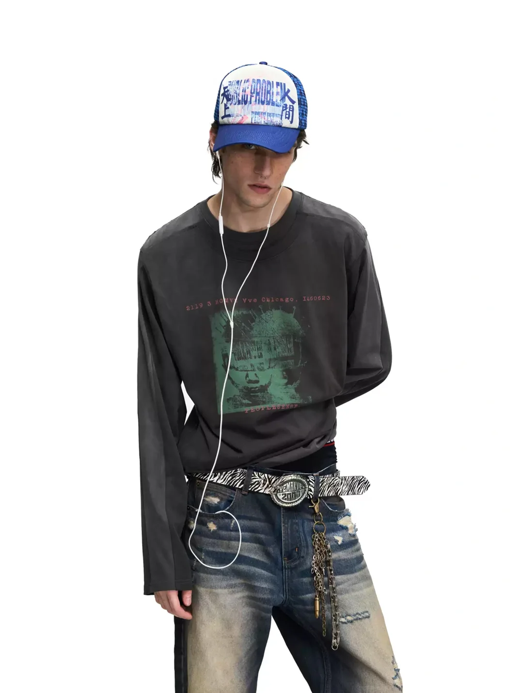 PEOPLESENSE | Distressed Portrait Print Layered-Look Long-Sleeve Loose T-Shirt