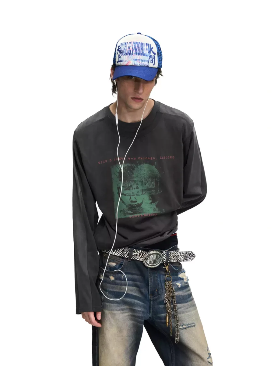 PEOPLESENSE | Distressed Portrait Print Layered-Look Long-Sleeve Loose T-Shirt - 4