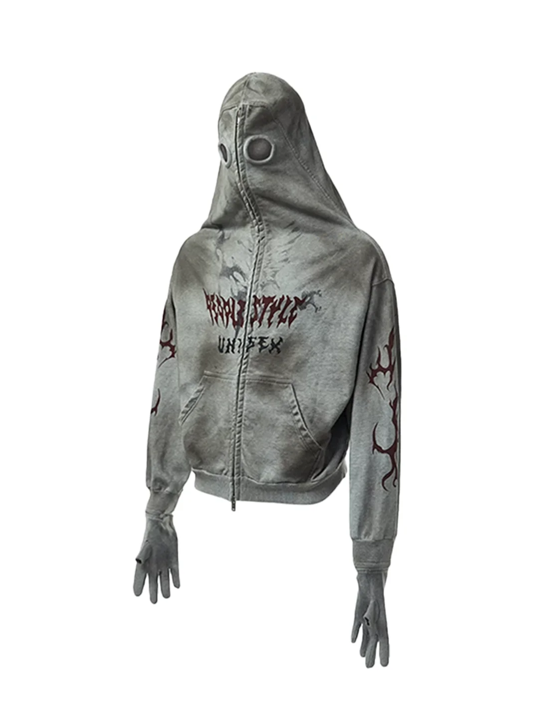 PEOPLESENSE | Distressed Loose Zip-Up Hoodie With Detachable Gloves