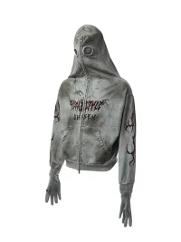 PEOPLESENSE | Distressed Loose Zip-Up Hoodie With Detachable Gloves