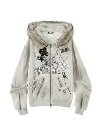 YUKAHOUSE | Oversized Rabbit-Ear Hooded Graphic Jacket