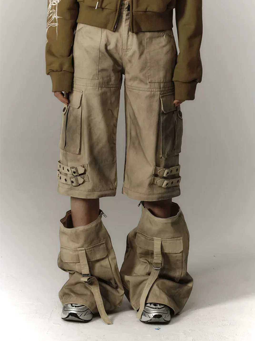 YUKAHOUSE | Washed Distressed Wide-Leg Detachable Cargo Pants