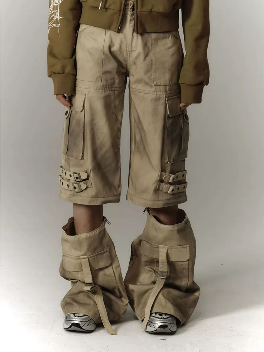 YUKAHOUSE | Washed Distressed Wide-Leg Detachable Cargo Pants - 3