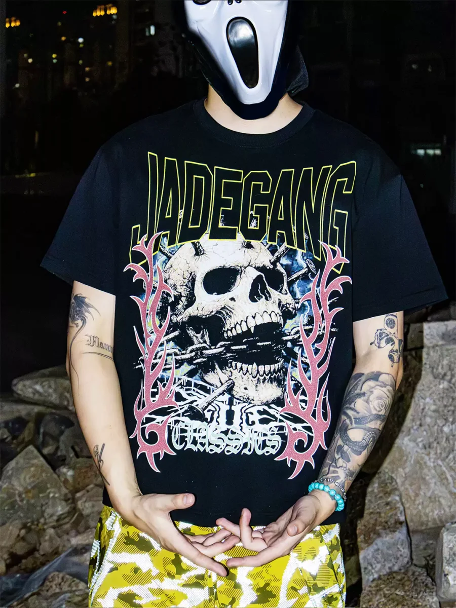 JADEGANG | Skull Print Loose Fit Crewneck Short Sleeve T-Shirt - 2