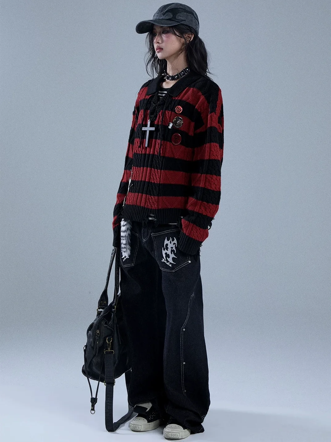 YUKAHOUSE | Distressed Striped Tie-Neck V-Neck Polo Sweater