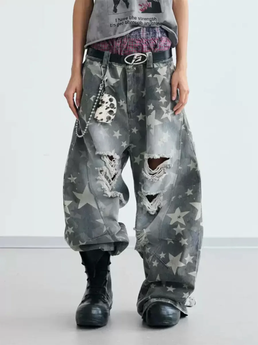 PEOPLESENSE | Star Pattern Distressed Curved Wide-Leg Pants - 2