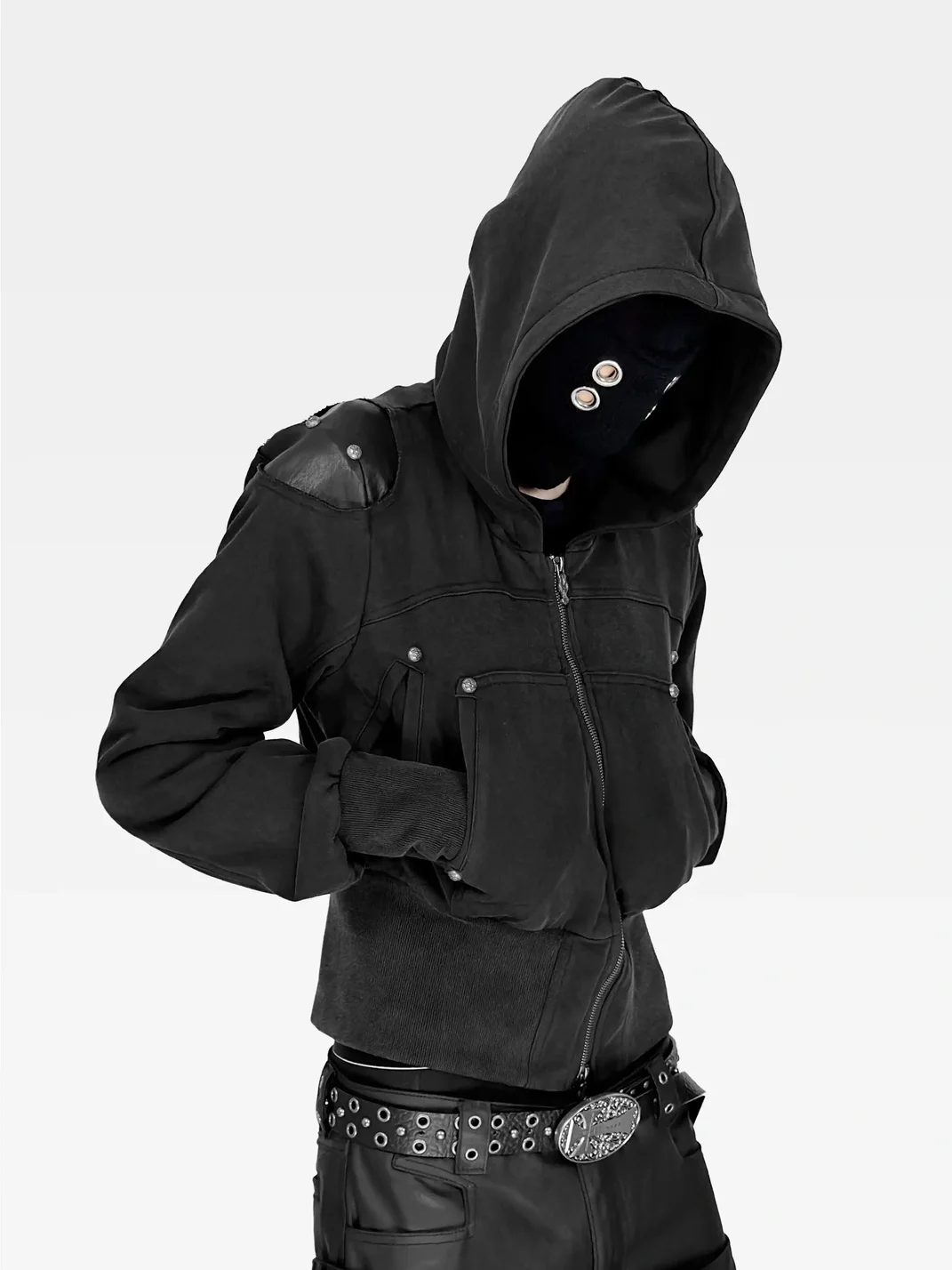 ATAnothingness | Washed Black Armored Shoulder Zip-Up Hoodie