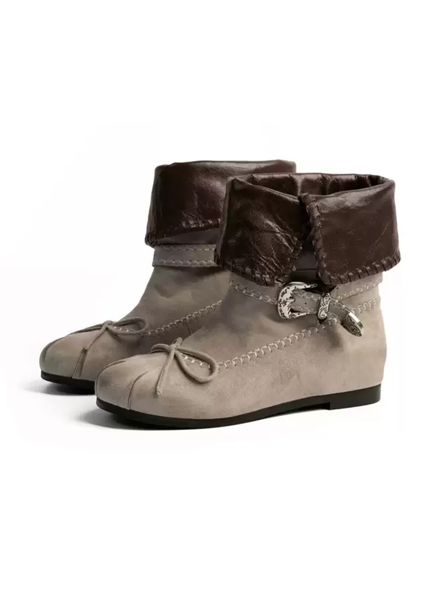 ZHUDAGE | Leather Fold-Over Bow Ankle Boots - 2