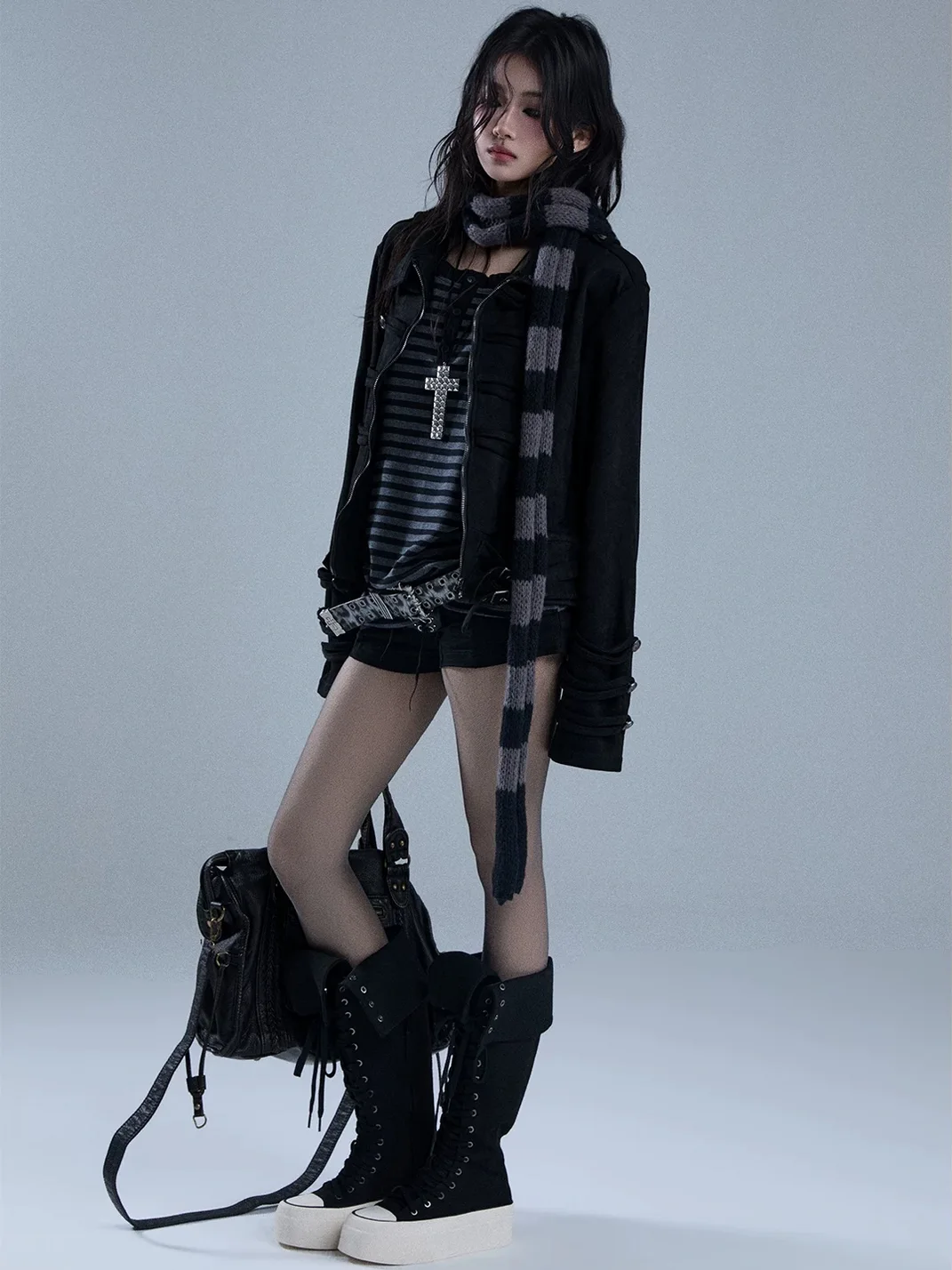 YUKAHOUSE | High-Neck Cropped Punk Motorcycle Jacket