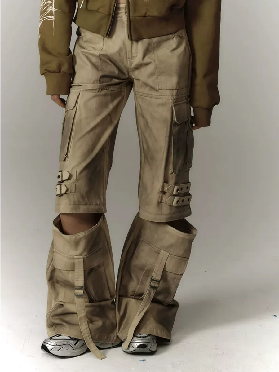 YUKAHOUSE | Washed Distressed Wide-Leg Detachable Cargo Pants - 4